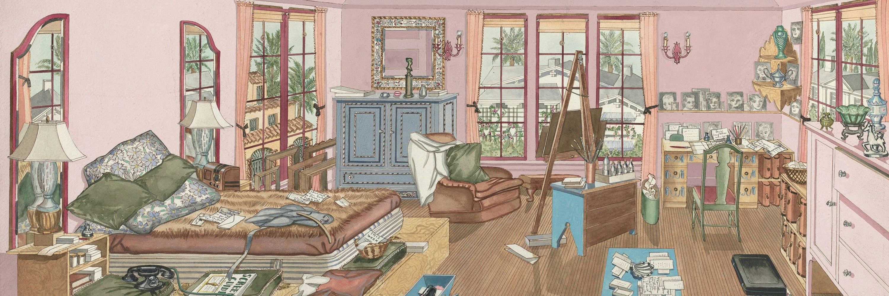 Illustrated decorative interior of a bedroom or studio apartment, which includes a bed, accent chair, art easel and painting supplies, desk and chair, bureau, side table, and art and objects.