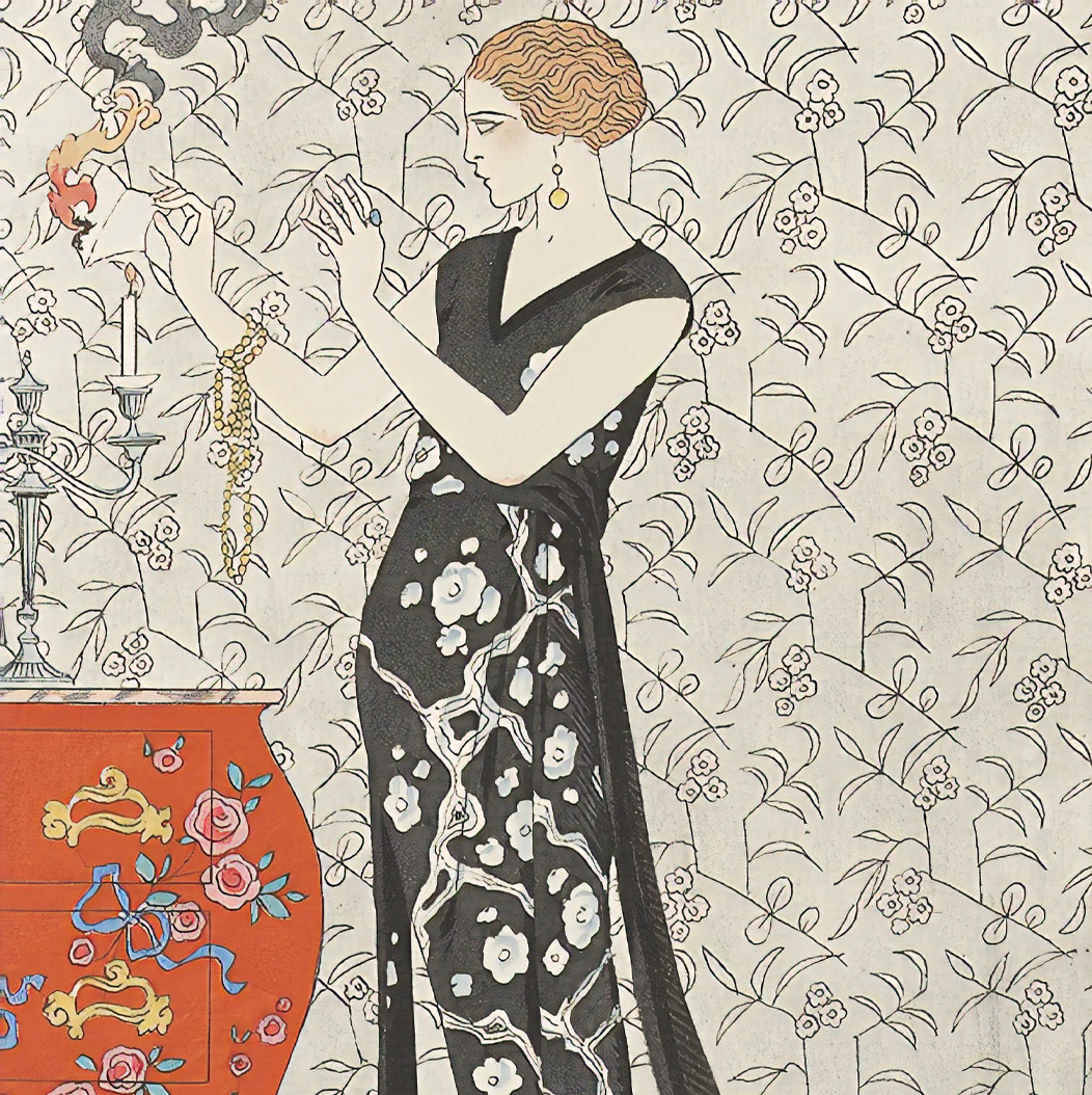Art Nouveau style illustration of a woman in a black dress with floral patterns against a decorative background.