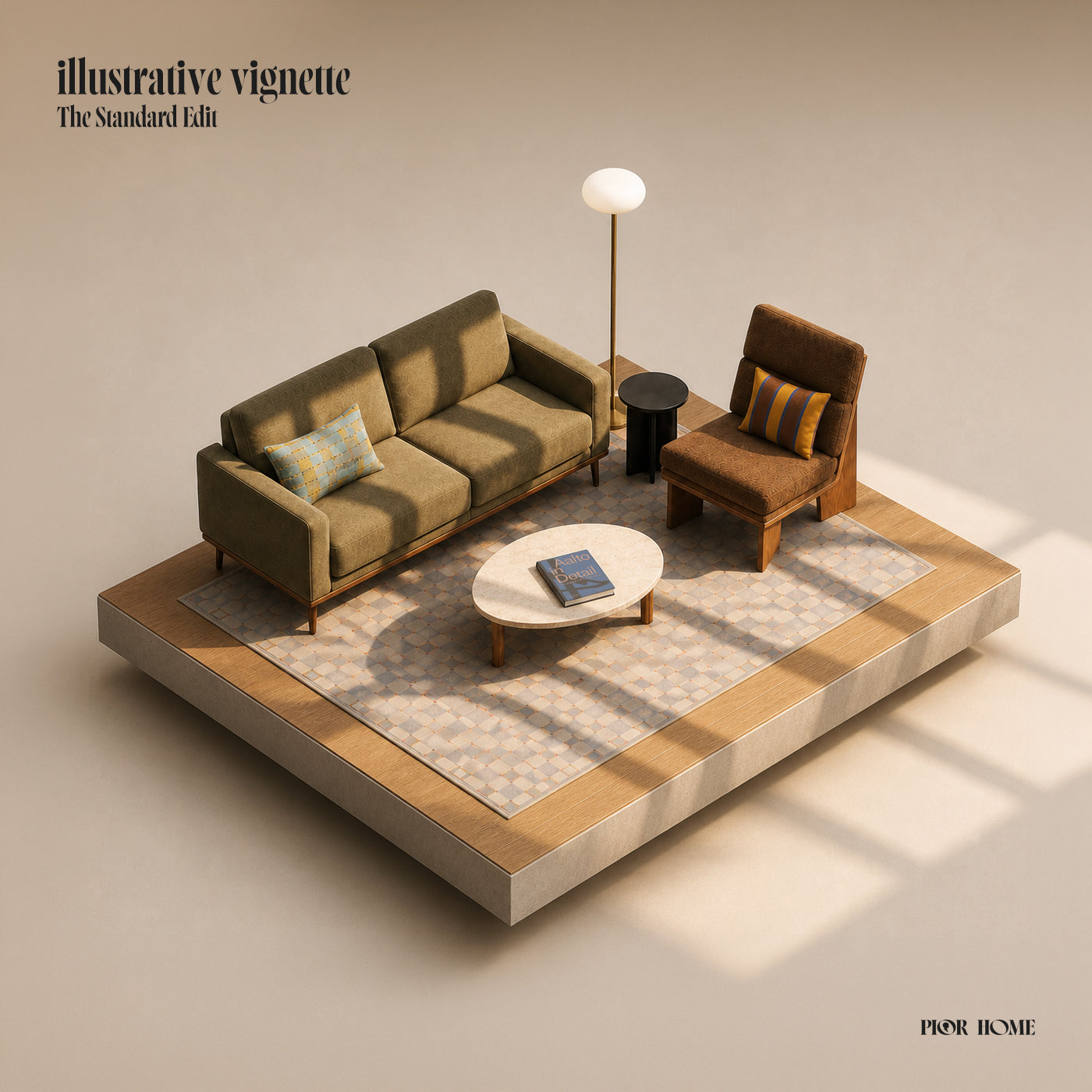 A styled interior vignette showing a mid-century living room setup on a raised platform: an olive green sofa, brown armchair, round coffee table, patterned rug, floor lamp, and side table, with the text 'illustrative vignette The Standard Edit' and 'PIOR HOME' in the corners.