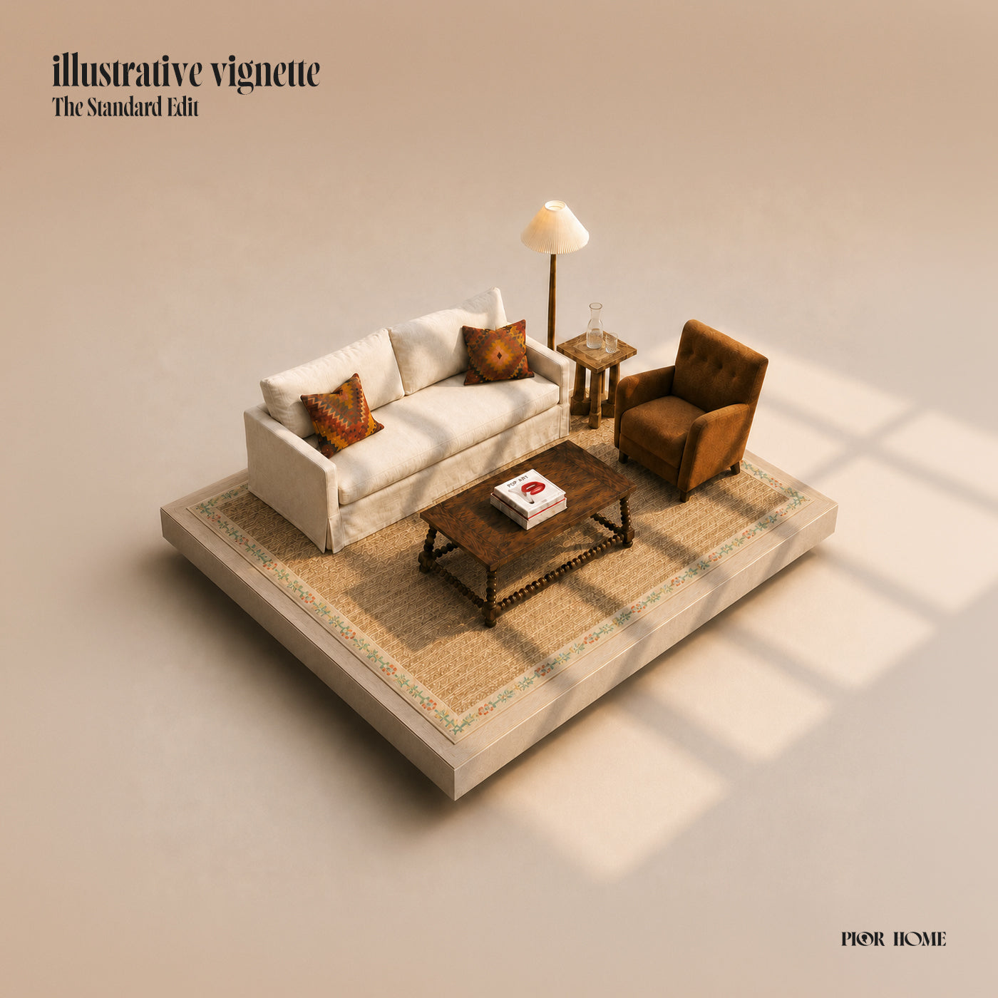 A stylized isometric illustration of a small furnished living room scene on a raised platform, with a cream sofa, brown armchair, wooden coffee table, side table, lamp, and patterned rug. Text in the top left reads 'illustrative vignette The Standard Edit' and 'PIOR HOME' appears at the bottom right.