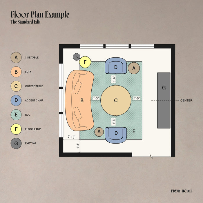 A floor plan diagram showing furniture placement labels A through F and an existing area G on a beige background, with the text 'Floor Plan Example' and 'The Standard Edit'. 'PIOR HOME' is in the lower right corner.
