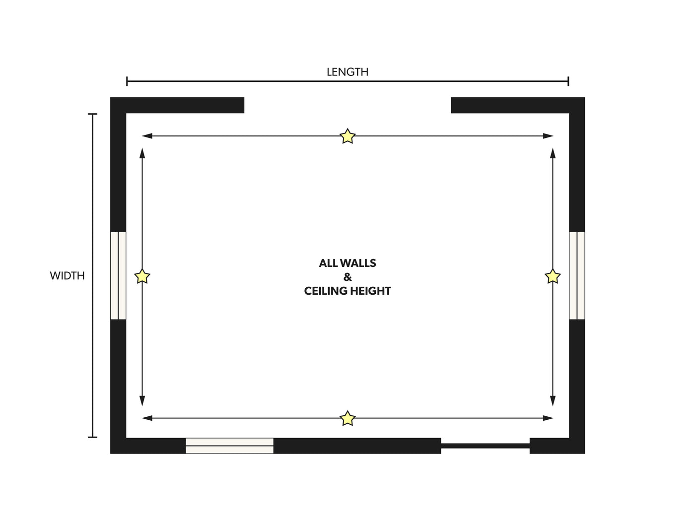 Plan view of a room with overall length and width dimensioned and the ceiling height noted