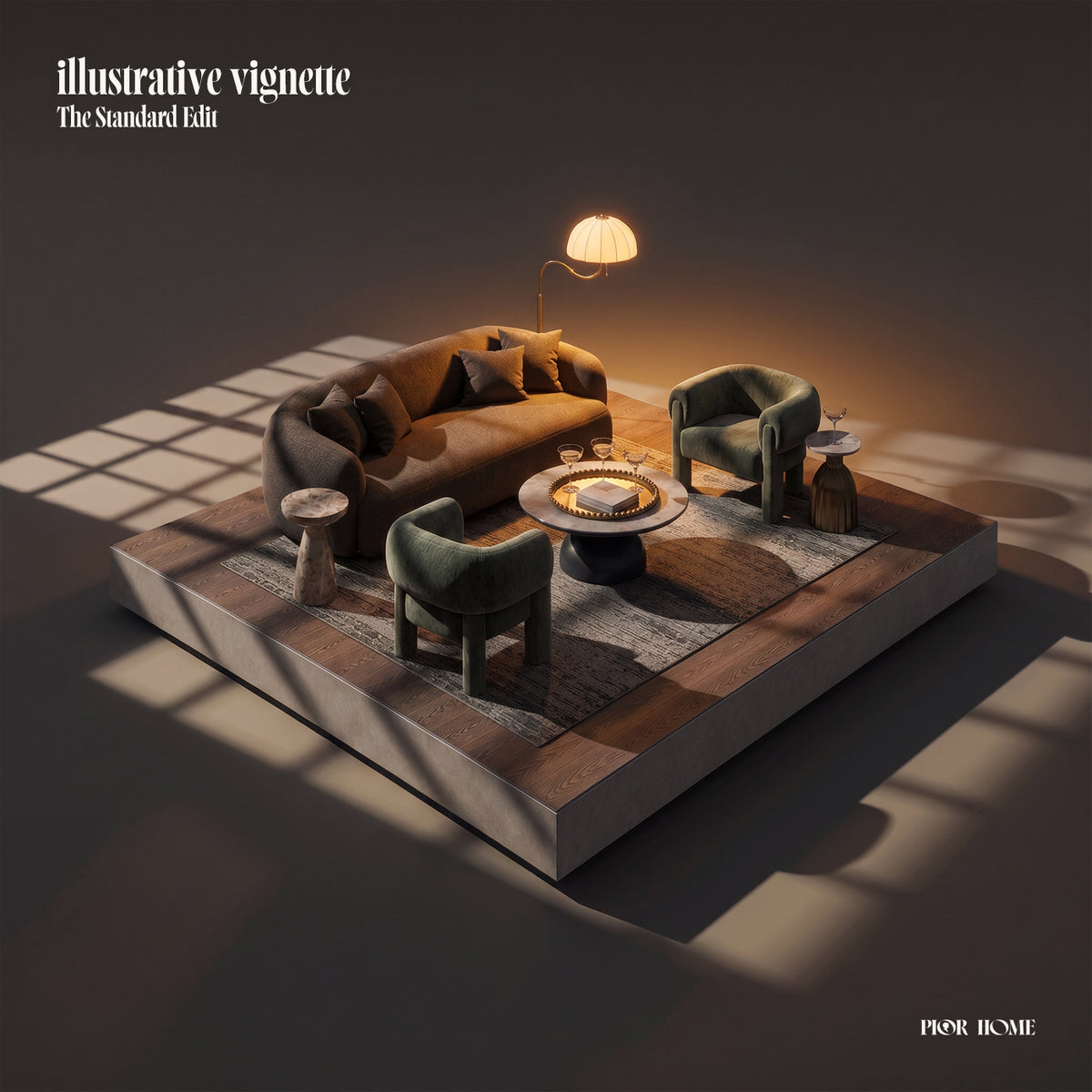 A stylized interior scene showing a brown sofa, two dark green armchairs, a round coffee table, side tables, a floor lamp, and a gray rug arranged on a raised platform. The scene is rendered in a dramatic, polished mockup style with warm lighting and shadows, and the text 'illustrative vignette' appears in the top left, with 'PIOR HOME' in the bottom right.