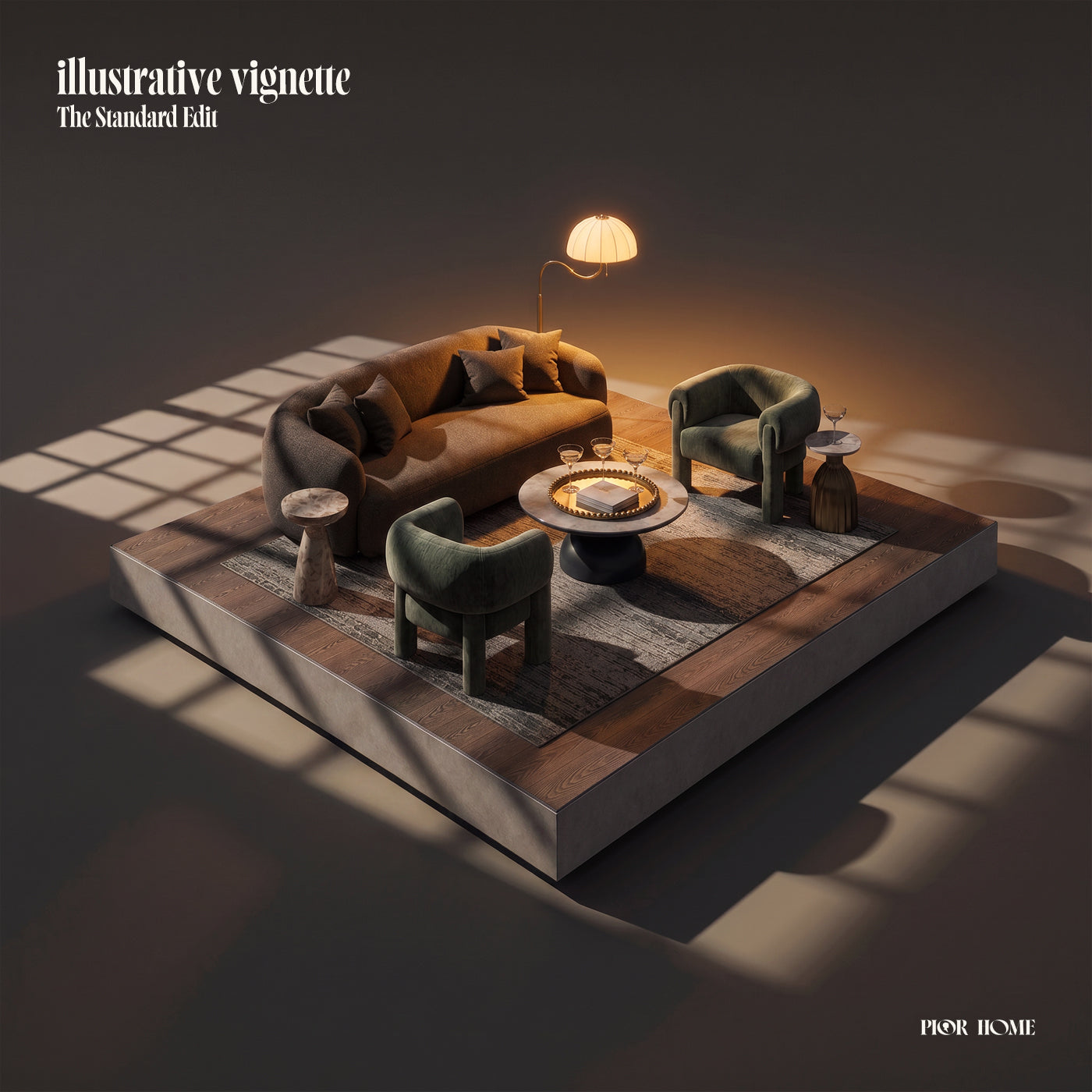 A stylized interior scene showing a brown sofa, two dark green armchairs, a round coffee table, side tables, a floor lamp, and a gray rug arranged on a raised platform. The scene is rendered in a dramatic, polished mockup style with warm lighting and shadows, and the text 'illustrative vignette' appears in the top left, with 'PIOR HOME' in the bottom right.