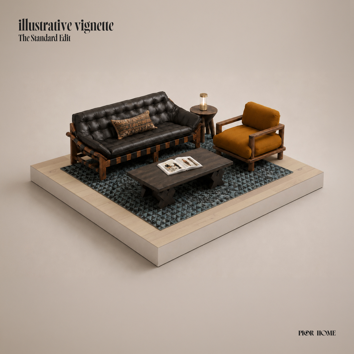 A styled miniature furniture arrangement on a raised platform, featuring a black tufted leather sofa, mustard yellow armchair, dark wood coffee table, and patterned rug, with the text 'illustrative vignette The Standard Edit' in the top left and 'PIOR HOME' in the bottom right.