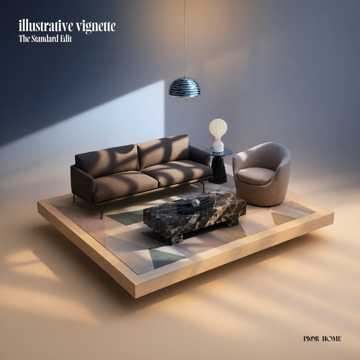 A styled interior scene showing a brown sofa, a beige armchair, a black marble coffee table, and a small side table with a white lamp on a floating platform in a modern room. Text in the top left reads 'illustrative vignette The Standard Edit', and 'PIOR HOME' appears in the bottom right.