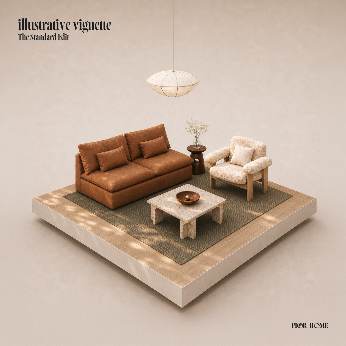 Stylized scene of a warm, modern, and minimal living room suite arranged on a floating plinth. "Illustrative Vignette" is in the upper left corner, "Pior Home" is in the lower right corner.