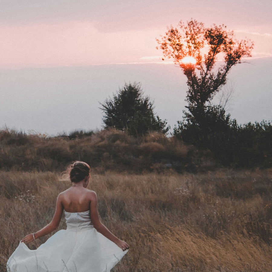 A woman in a white strapless wedding dress stands in a grassy field at sunset, holding out the sides of her dress to show the full volume. Trees and a glowing sun are visible in the background.